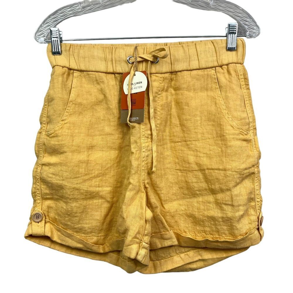 Mudo Women Linen Shorts Drawstring Elastic Waist Cuffed Hem Safran Yellow Sz 38*